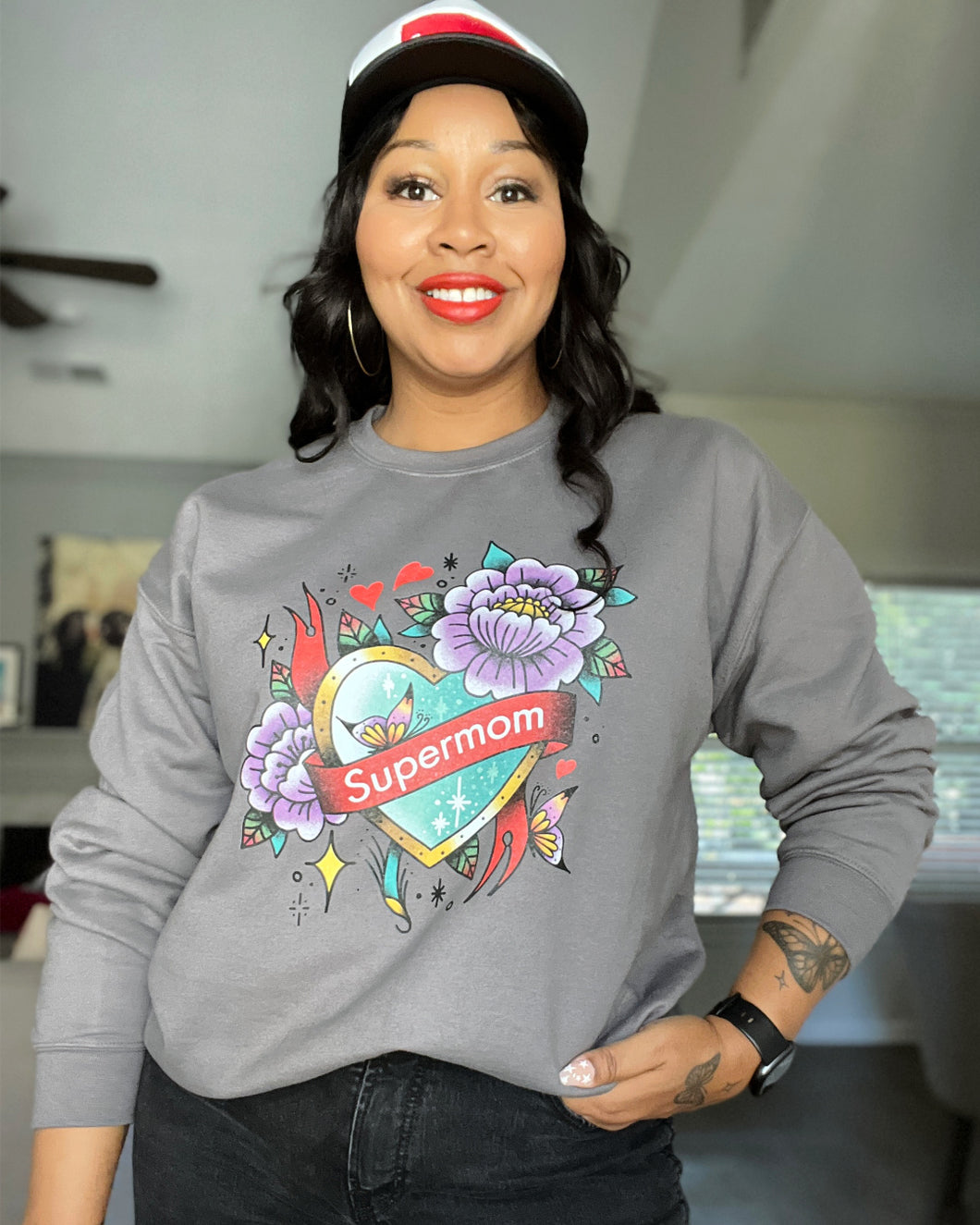 Supermom Tattoo Sweatshirt Charcoal Gray